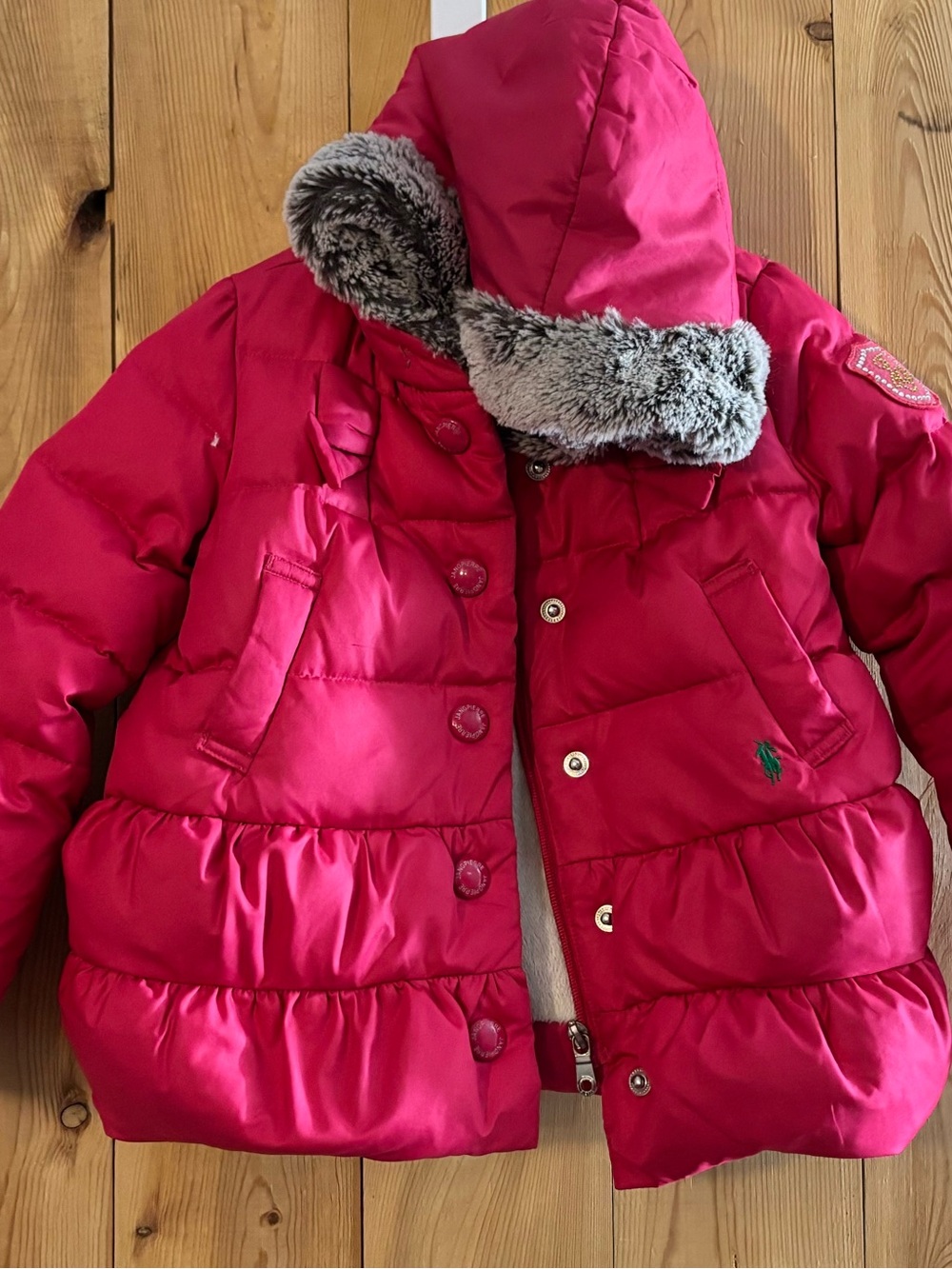 Ralph Lauren Hot Pink Puffer Coat with Faux-Fur Trim